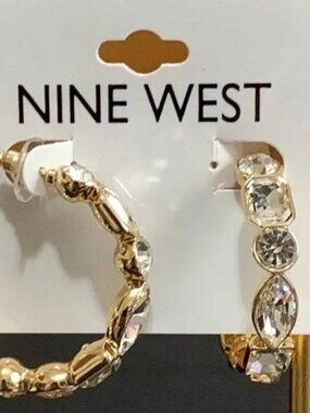 NINE WEST Mod/Contemporary Gold Clear Crystal Multi Shaped Hoop Earrings**NEW!